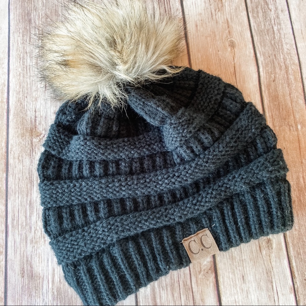 C.C. Black Beanie with Natural Pom